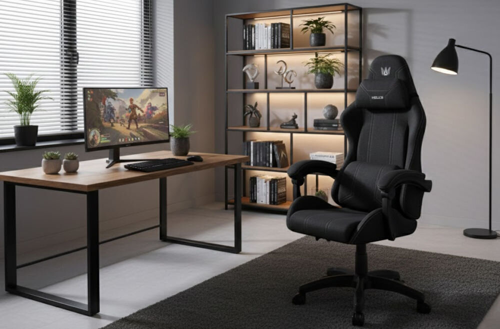 Fotel gamingowy HELL'S CHAIR HC 1014 Czarny prezentacja fotela w pokoju przy biurku do 120 kg bezpieczne stabilne użytkowanie trwałość wygoda