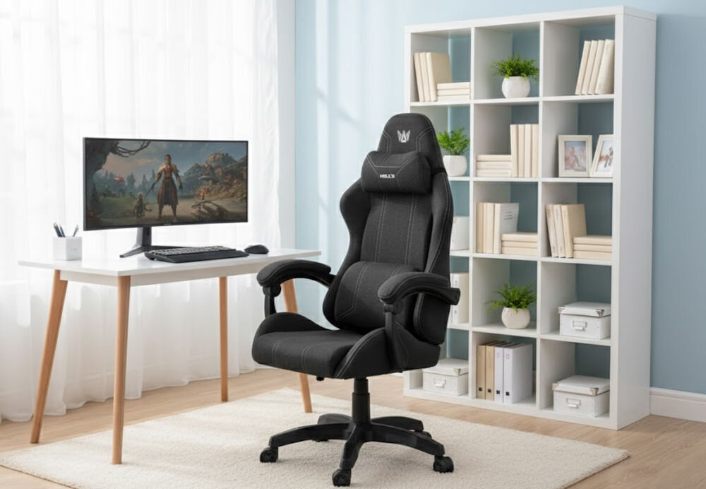 Fotel gamingowy HELL'S CHAIR HC 1014 Czarny prezentacja fotela przed biurkiem w pokoju wzrost optymalne dopasowanie podparcie ciała komfort