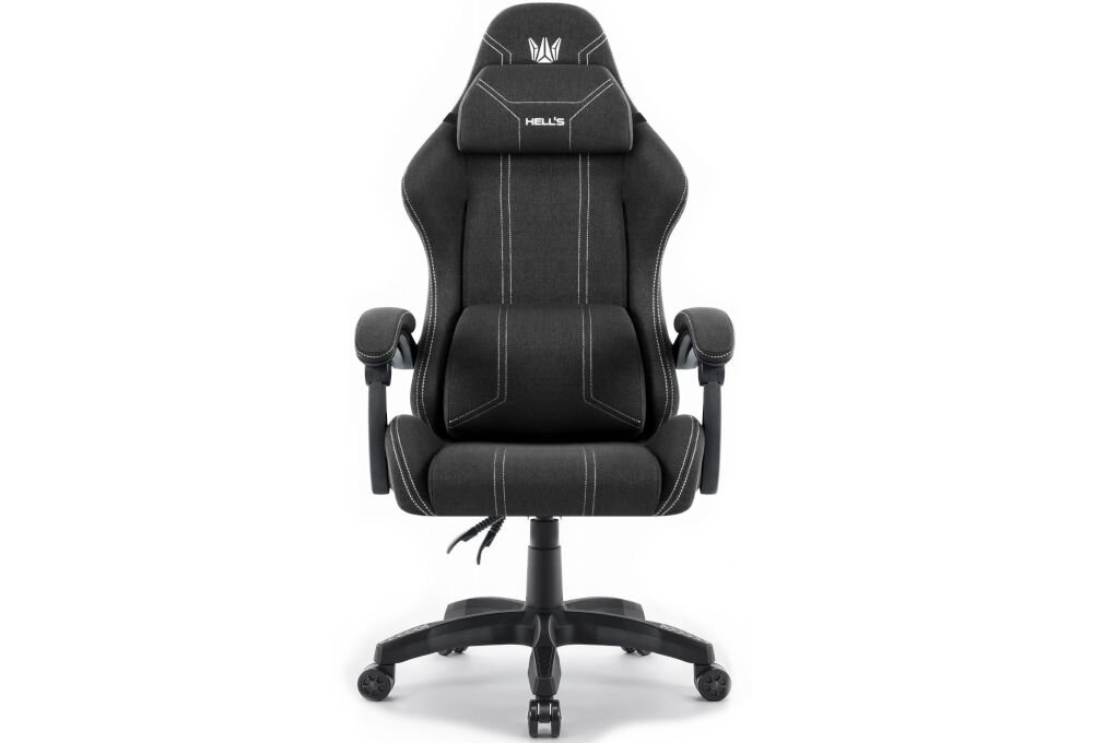 Fotel gamingowy HELL'S CHAIR HC 1014 Czarny prezentacja fotela od przodu na jasnym tle solidna konstrukcja wypełnienie z termo-elastycznej pianki Free Air zimnej pianki CF sprzyja utrzymaniu prawidłowej postawy