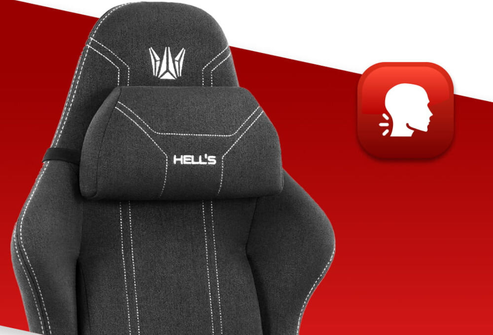 Fotel gamingowy HELL'S CHAIR HC 1014 Czarny zbliżenie na oparcie i poduszkę na czerwono-białym tle ikona wyprofilowana poduszka wsparcie głowy i mięśni karku komfort suwak indywidualny poziom miękkości