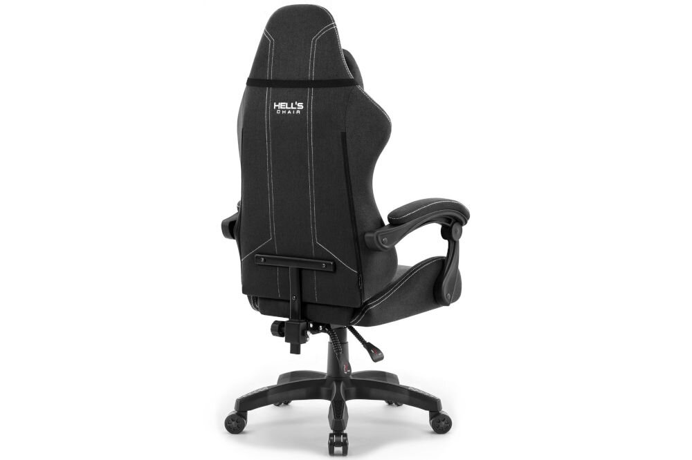 Fotel gamingowy HELL'S CHAIR HC 1014 Czarny prezentacja fotela od tyłu pod kątem na jasnym tle wyprofilowany kształt oparcia zapobieganie dolegliwościom bólowym kręgosłupa utrzymanie prawidłowej postawy komfort
