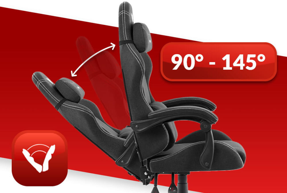Fotel gamingowy HELL'S CHAIR HC 1014 Czarny prezentacja fotela od boku i jego możliwej regulacji na czerwono-białym tle płynna regulacja kąta pochylenia oparcia zakres wygodna dźwignia optymalna pozycja dla komfortu