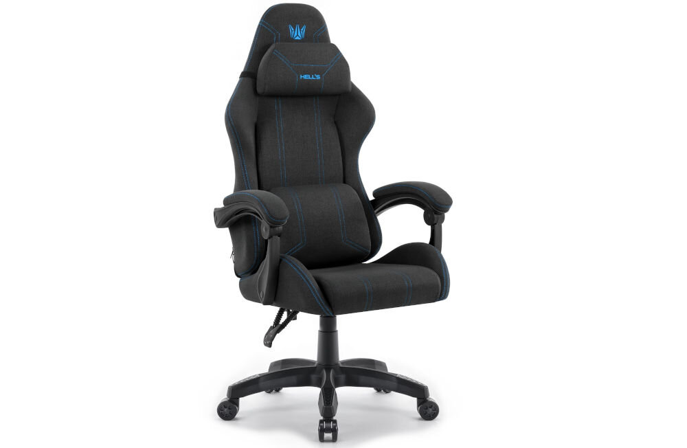 Fotel HELL'S CHAIR HC-1014 Czarno-Niebieski prezentacja fotela od przodu pod kątem na jasnym tle dopracowany design komfort elegancka forma
