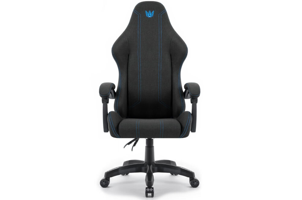 Fotel HELL'S CHAIR HC-1014 Czarno-Niebieski prezentacja fotela od przodu na białym tle wymiary stabilność