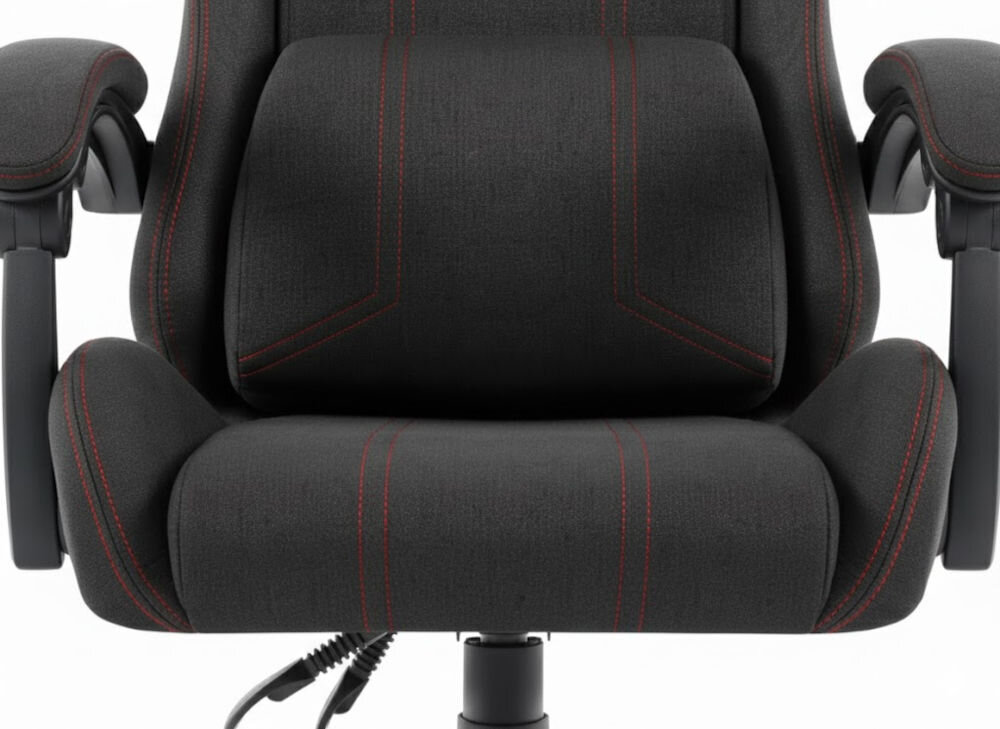 Fotel HELL'S CHAIR HC-1014 Czarno-Czerwony zbliżenie na siedzisko i poduszkę fotela jasne tło dbałość o elementy trwała i praktyczna tkanina poduszka pod lędźwie tapicerowane podłokietniki