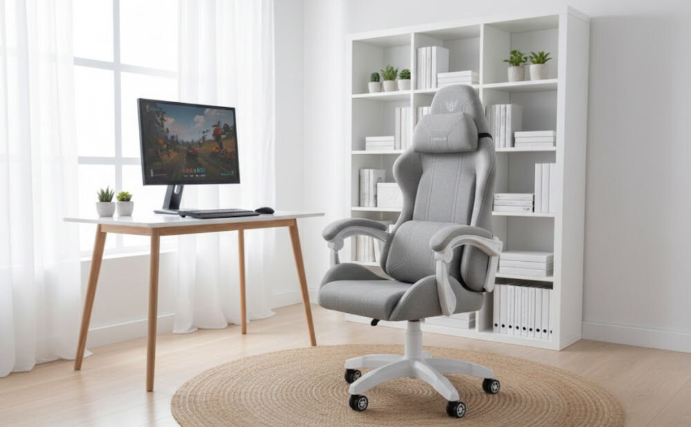 Fotel HELL'S CHAIR HC-1014 Szaro-Biały prezentacja fotela w pokoju przy biurku do 120 kg bezpieczne stabilne użytkowanie trwałość wygoda