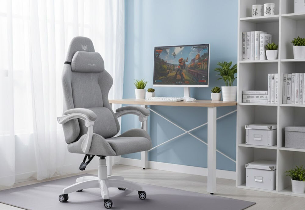 Fotel HELL'S CHAIR HC-1014 Szaro-Biały prezentacja fotela przed biurkiem w pokoju wzrost optymalne dopasowanie podparcie ciała komfort