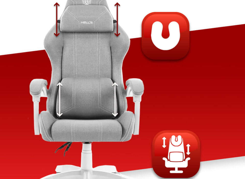 Fotel HELL'S CHAIR HC-1014 Szaro-Biały prezentacja fotela na czerwono-białym tle strzałkami zaznaczona możliwość regulacji poduszek ikony poduszka lędźwiowa poduszka wspierająca mięśnie karku odpowiednie podparcie dla ciała komfort suwak wymiana wypełnienia indywidualne potrzeby