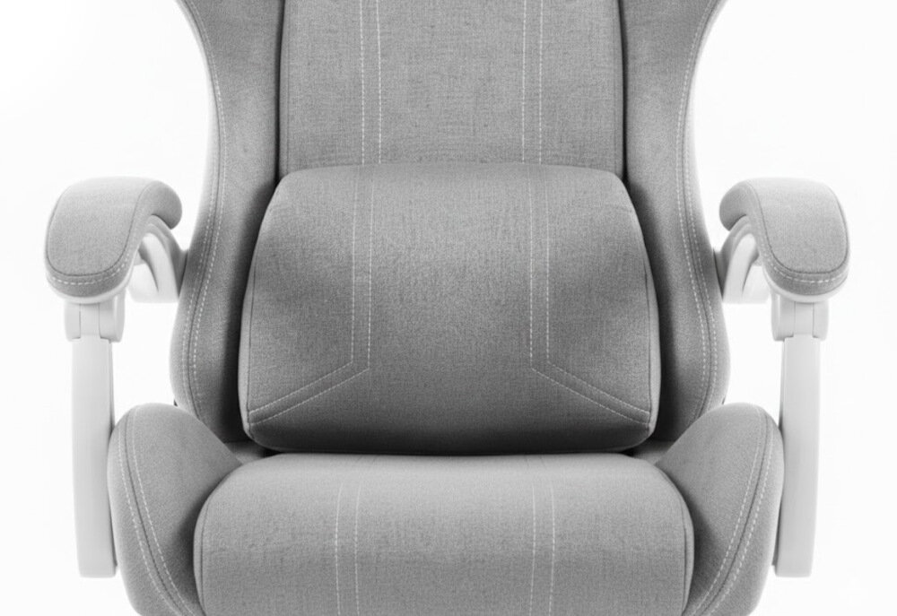 Fotel HELL'S CHAIR HC-1014 Szaro-Biały zbliżenie na siedzisko i poduszkę fotela jasne tło dbałość o elementy trwała i praktyczna tkanina poduszka pod lędźwie tapicerowane podłokietniki