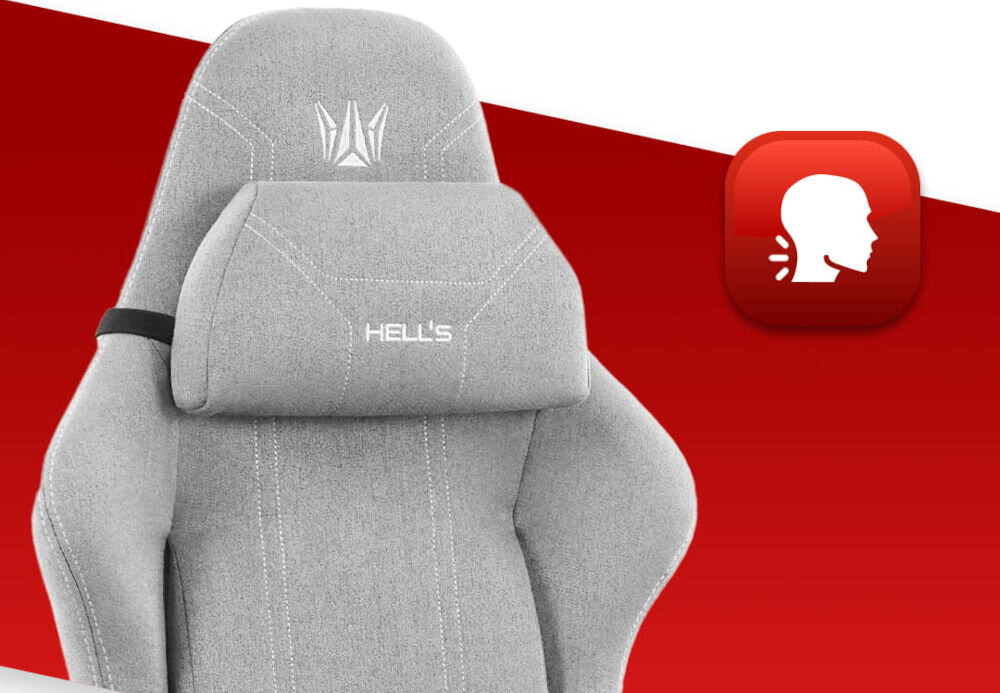 Fotel HELL'S CHAIR HC-1014 Szaro-Biały zbliżenie na oparcie i poduszkę na czerwono-białym tle ikona wyprofilowana poduszka wsparcie głowy i mięśni karku komfort suwak indywidualny poziom miękkości