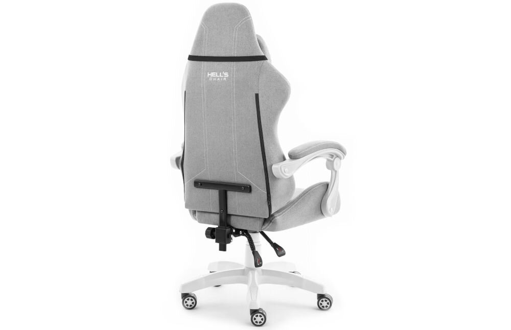 Fotel HELL'S CHAIR HC-1014 Szaro-Biały prezentacja fotela od tyłu pod kątem na jasnym tle wyprofilowany kształt oparcia zapobieganie dolegliwościom bólowym kręgosłupa utrzymanie prawidłowej postawy komfort