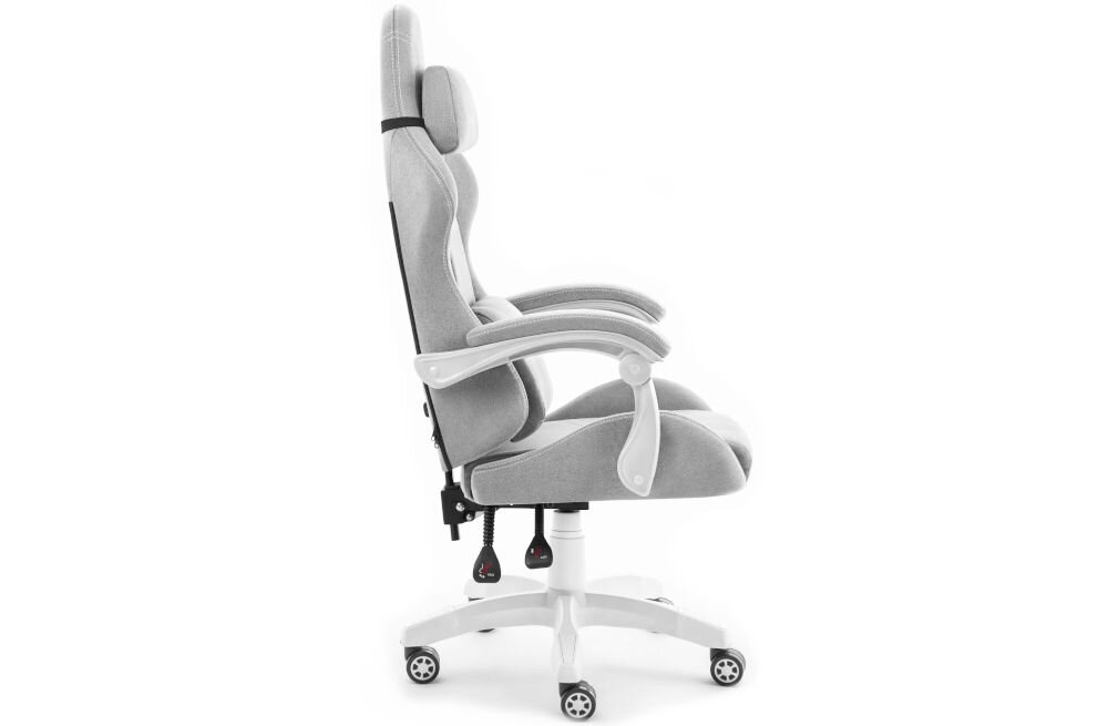 Fotel HELL'S CHAIR HC-1014 Szaro-Biały prezentacja fotela od boku na jasnym tle płynnie regulowana wysokość siedziska prawidłowa cyrkulacja krwi redukcja uczucia zmęczenia nóg podnośnik gazowy certyfikat SGS