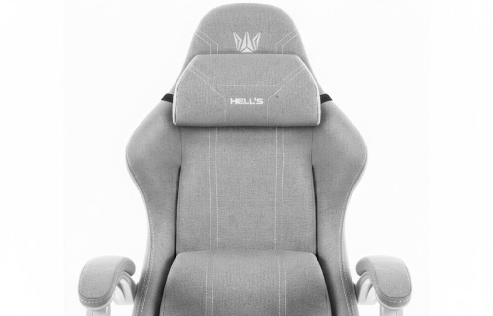 Fotel HELL'S CHAIR HC-1014 Szaro-Biały zbliżenie na oparcie i napis z marką jasne tło szerokie zastosowanie rozrywka nauka praca ergonomia partner do zadań specjalnych
