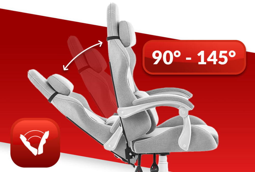 Fotel HELL'S CHAIR HC-1014 Szaro-Biały prezentacja fotela od boku i jego możliwej regulacji na czerwono-białym tle płynna regulacja kąta pochylenia oparcia zakres wygodna dźwignia optymalna pozycja dla komfortu