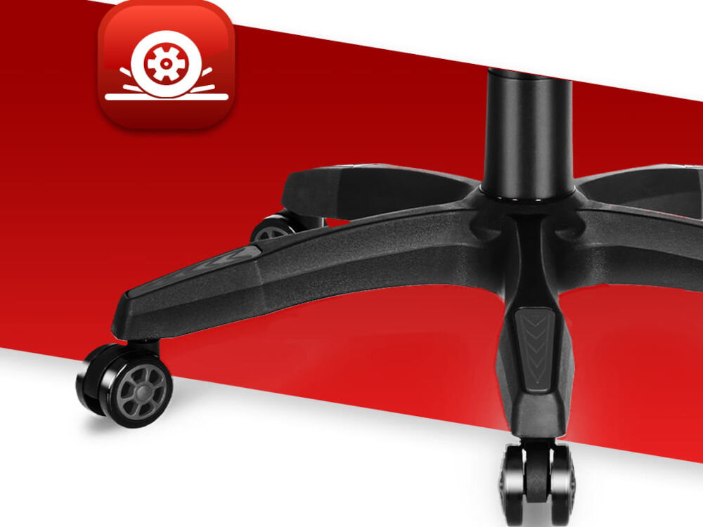 Fotel HELL'S CHAIR HC-1014 Czarny zbliżenie na kółka na czerwono-białym tle ikona kółek poliuretanowo-kauczukowa powłoka cicha i płynna praca ochrona podłogi