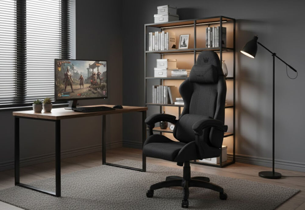 Fotel HELL'S CHAIR HC-1014 Czarny prezentacja fotela w pokoju przy biurku do 120 kg bezpieczne stabilne użytkowanie trwałość wygoda