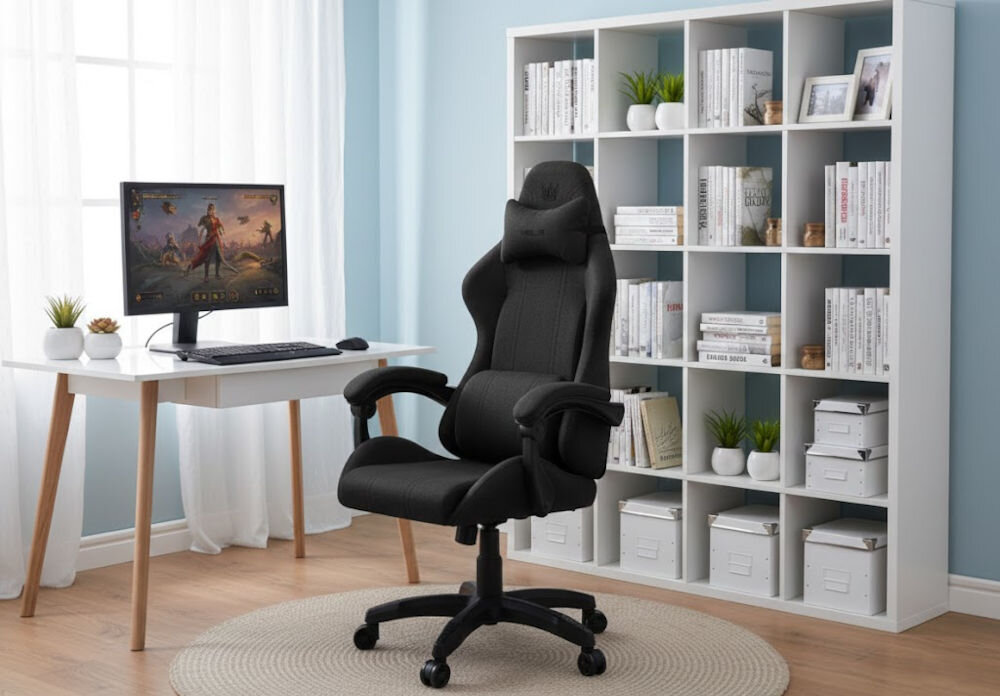 Fotel HELL'S CHAIR HC-1014 Czarny prezentacja fotela przed biurkiem w pokoju wzrost optymalne dopasowanie podparcie ciała komfort