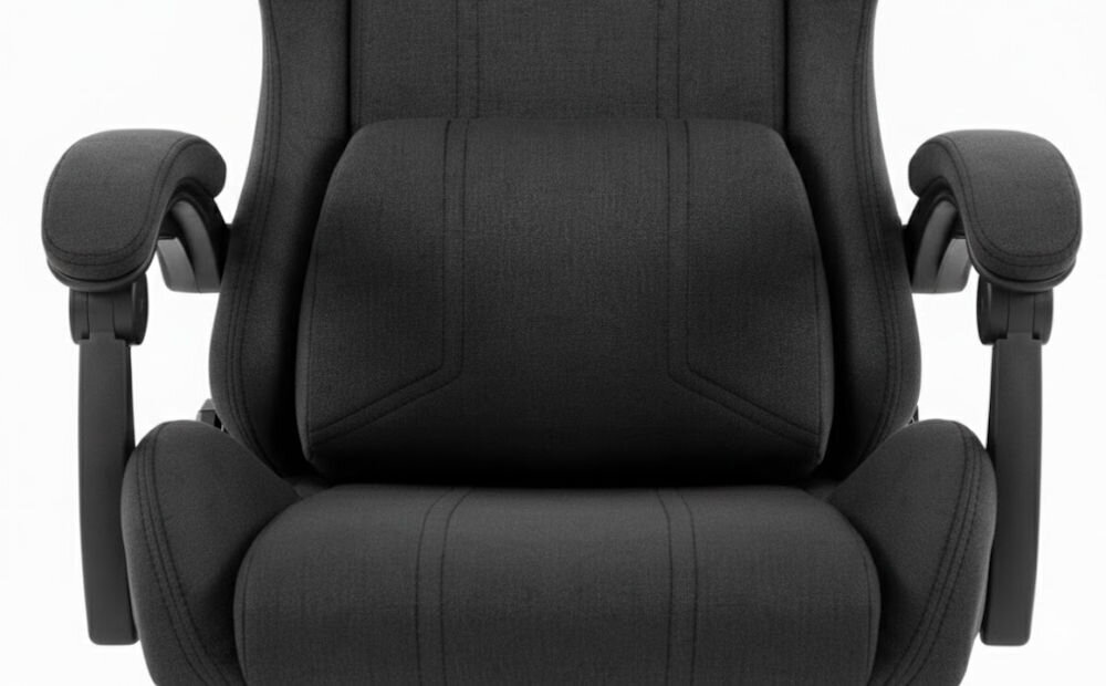 Fotel HELL'S CHAIR HC-1014 Czarny zbliżenie na siedzisko i poduszkę fotela jasne tło dbałość o elementy trwała i praktyczna tkanina poduszka pod lędźwie tapicerowane podłokietniki