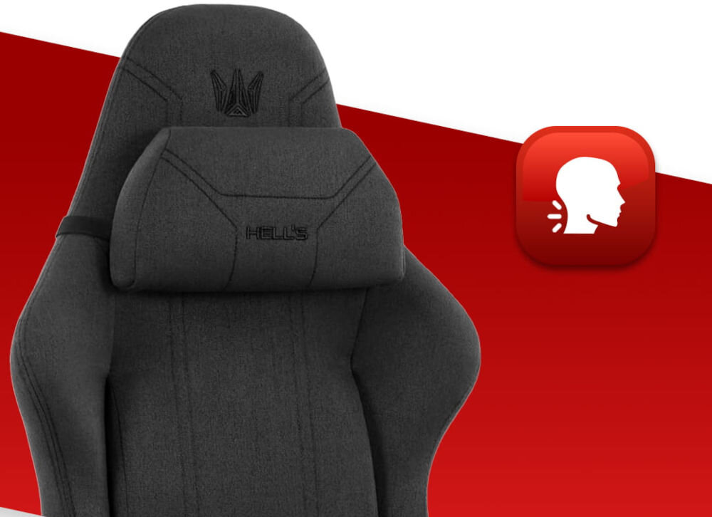 Fotel HELL'S CHAIR HC-1014 Czarny zbliżenie na oparcie i poduszkę na czerwono-białym tle ikona wyprofilowana poduszka wsparcie głowy i mięśni karku komfort suwak indywidualny poziom miękkości