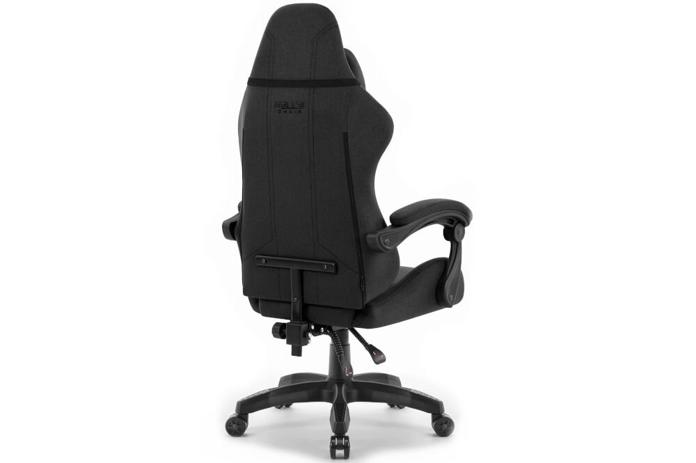Fotel HELL'S CHAIR HC-1014 Czarny prezentacja fotela od tyłu pod kątem na jasnym tle wyprofilowany kształt oparcia zapobieganie dolegliwościom bólowym kręgosłupa utrzymanie prawidłowej postawy komfort