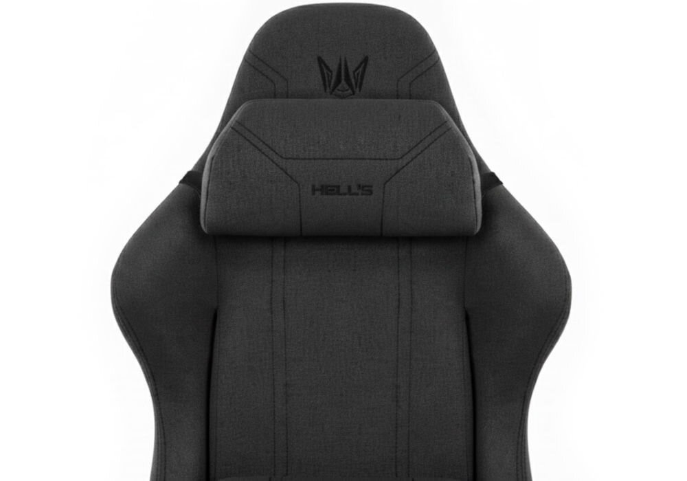 Fotel HELL'S CHAIR HC-1014 Czarny zbliżenie na oparcie i napis z marką jasne tło szerokie zastosowanie rozrywka nauka praca ergonomia partner do zadań specjalnych