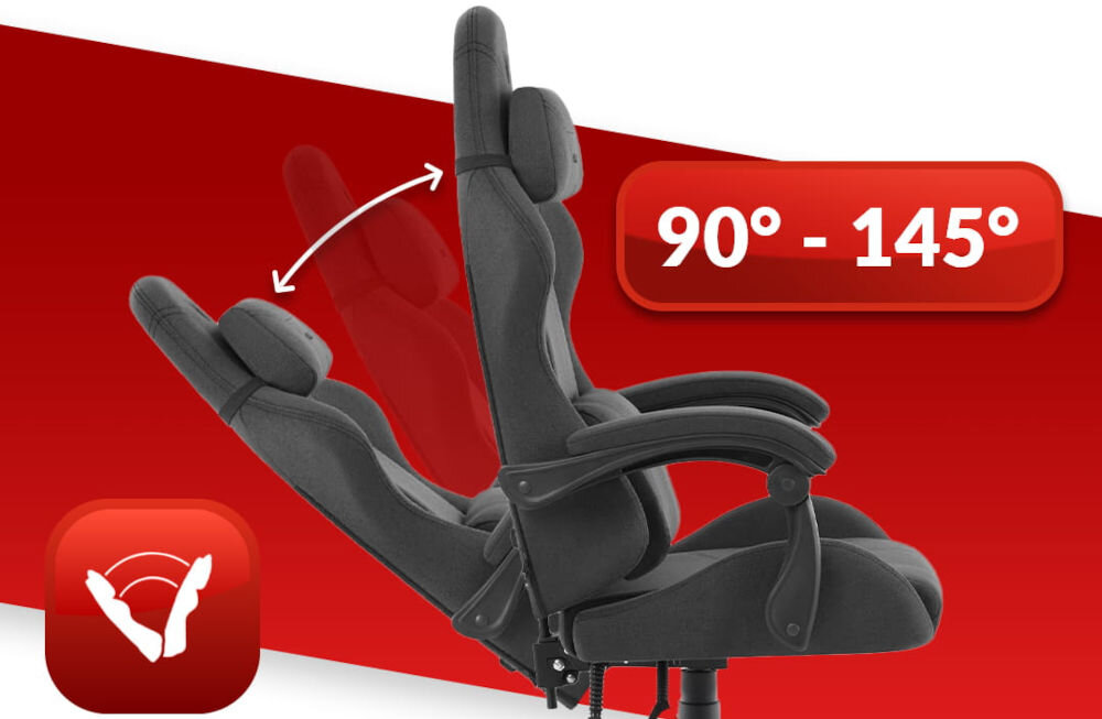 Fotel HELL'S CHAIR HC-1014 Czarny prezentacja fotela od boku i jego możliwej regulacji na czerwono-białym tle płynna regulacja kąta pochylenia oparcia zakres wygodna dźwignia optymalna pozycja dla komfortu