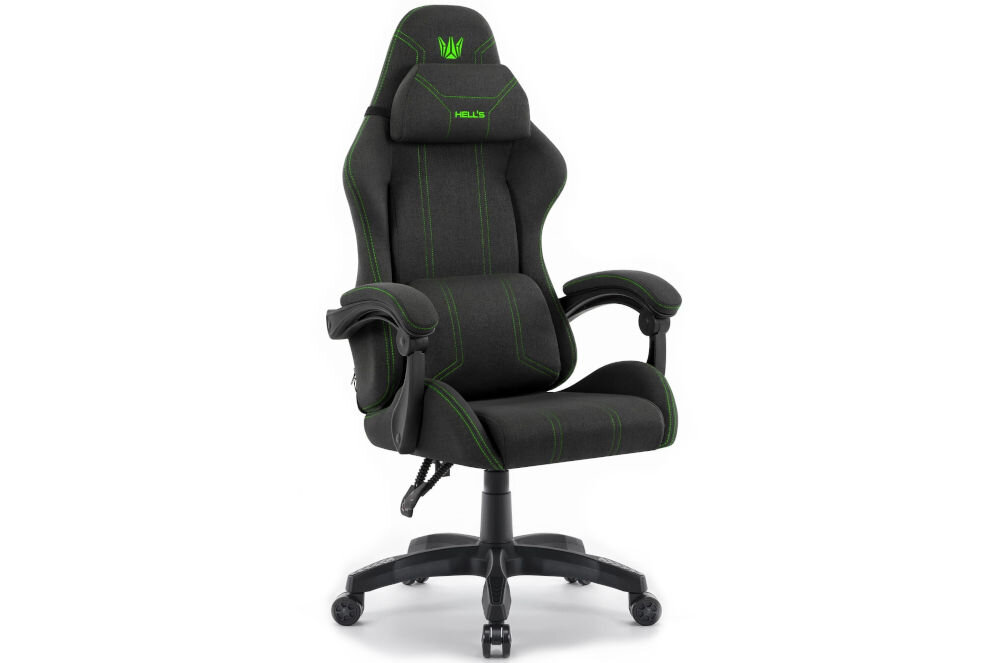 Fotel HELL'S CHAIR HC-1014 Czarno-Zielony prezentacja fotela od przodu pod kątem na jasnym tle dopracowany design komfort elegancka forma