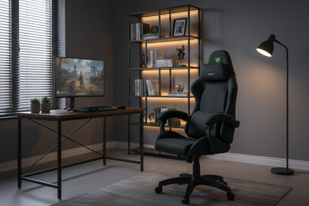 Fotel HELL'S CHAIR HC-1014 Czarno-Zielony prezentacja fotela w pokoju przy biurku do 120 kg bezpieczne stabilne użytkowanie trwałość wygoda
