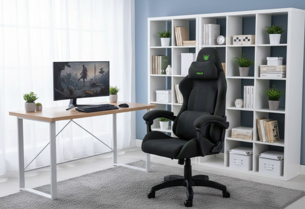 Fotel HELL'S CHAIR HC-1014 Czarno-Zielony prezentacja fotela przed biurkiem w pokoju wzrost optymalne dopasowanie podparcie ciała komfort