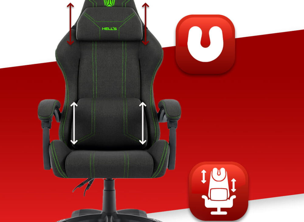 Fotel HELL'S CHAIR HC-1014 Czarno-Zielony prezentacja fotela na czerwono-białym tle strzałkami zaznaczona możliwość regulacji poduszek ikony poduszka lędźwiowa poduszka wspierająca mięśnie karku odpowiednie podparcie dla ciała komfort suwak wymiana wypełnienia indywidualne potrzeby