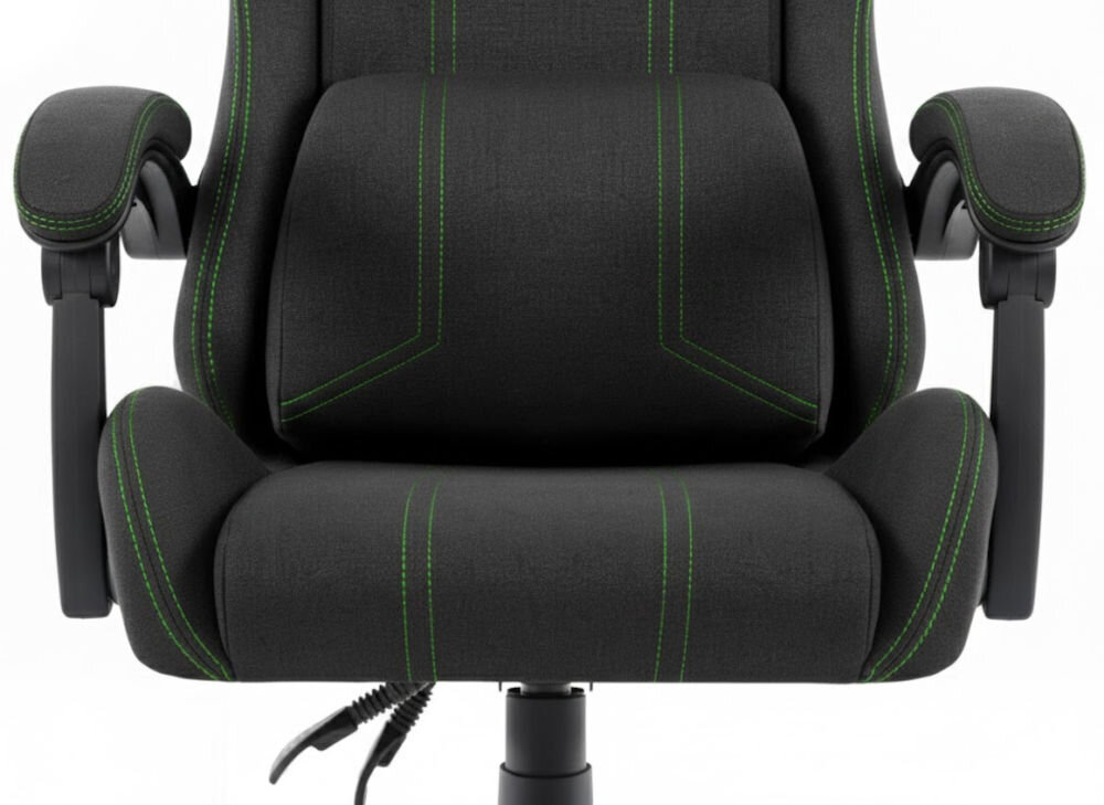 Fotel HELL'S CHAIR HC-1014 Czarno-Zielony zbliżenie na siedzisko i poduszkę fotela jasne tło dbałość o elementy trwała i praktyczna tkanina poduszka pod lędźwie tapicerowane podłokietniki