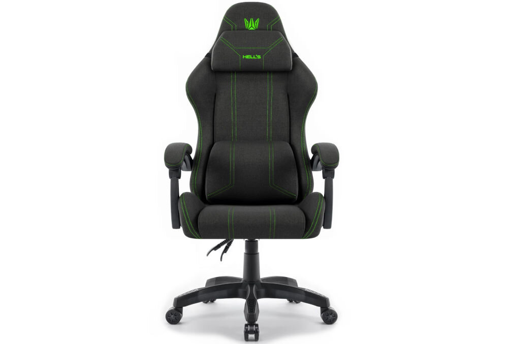 Fotel HELL'S CHAIR HC-1014 Czarno-Zielony prezentacja fotela od przodu na jasnym tle solidna konstrukcja wypełnienie z termo-elastycznej pianki Free Air zimnej pianki CF sprzyja utrzymaniu prawidłowej postawy