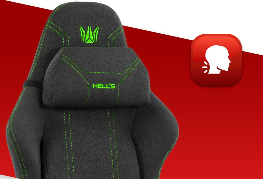 Fotel HELL'S CHAIR HC-1014 Czarno-Zielony zbliżenie na oparcie i poduszkę na czerwono-białym tle ikona wyprofilowana poduszka wsparcie głowy i mięśni karku komfort suwak indywidualny poziom miękkości