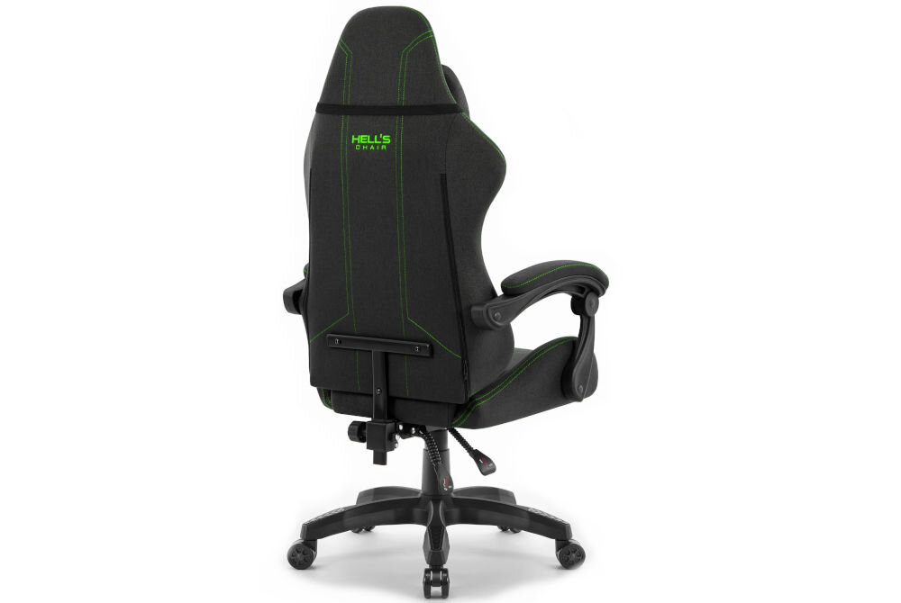 Fotel HELL'S CHAIR HC-1014 Czarno-Zielony prezentacja fotela od tyłu pod kątem na jasnym tle wyprofilowany kształt oparcia zapobieganie dolegliwościom bólowym kręgosłupa utrzymanie prawidłowej postawy komfort