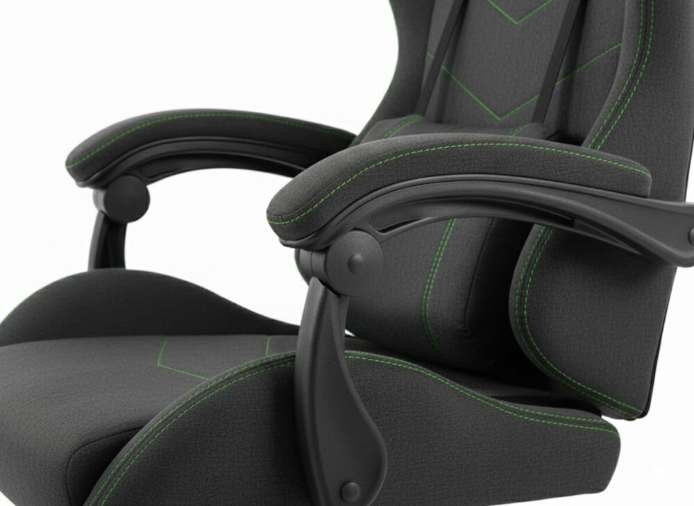 Fotel HELL'S CHAIR HC-1014 Czarno-Zielony zbliżenie na podłokietniki jasne tło miękkie wypełnienie solidne podparcie spójna stylistyka komfort przedramion