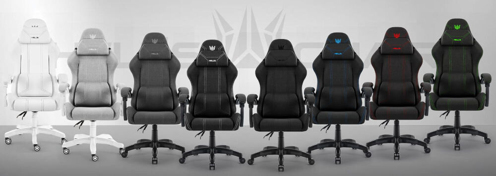 Fotel HELL'S CHAIR HC-1014 Szaro-Czarny prezentacja różnych wariantów kolorystycznych fotela na szarym tle z napisem marki