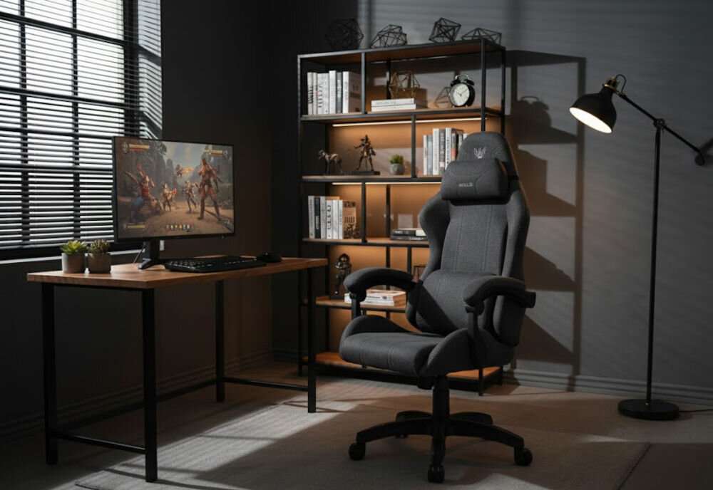 Fotel HELL'S CHAIR HC-1014 Szaro-Czarny prezentacja fotela w pokoju przy biurku do 120 kg bezpieczne stabilne użytkowanie trwałość wygoda