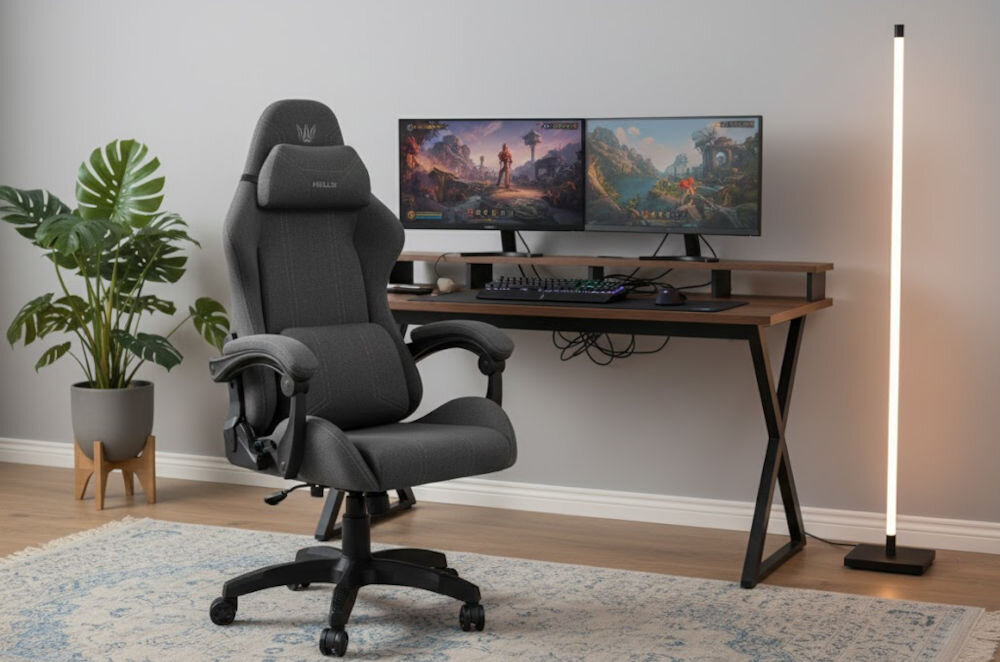 Fotel HELL'S CHAIR HC-1014 Szaro-Czarny prezentacja fotela przed biurkiem w pokoju wzrost optymalne dopasowanie podparcie ciała komfort