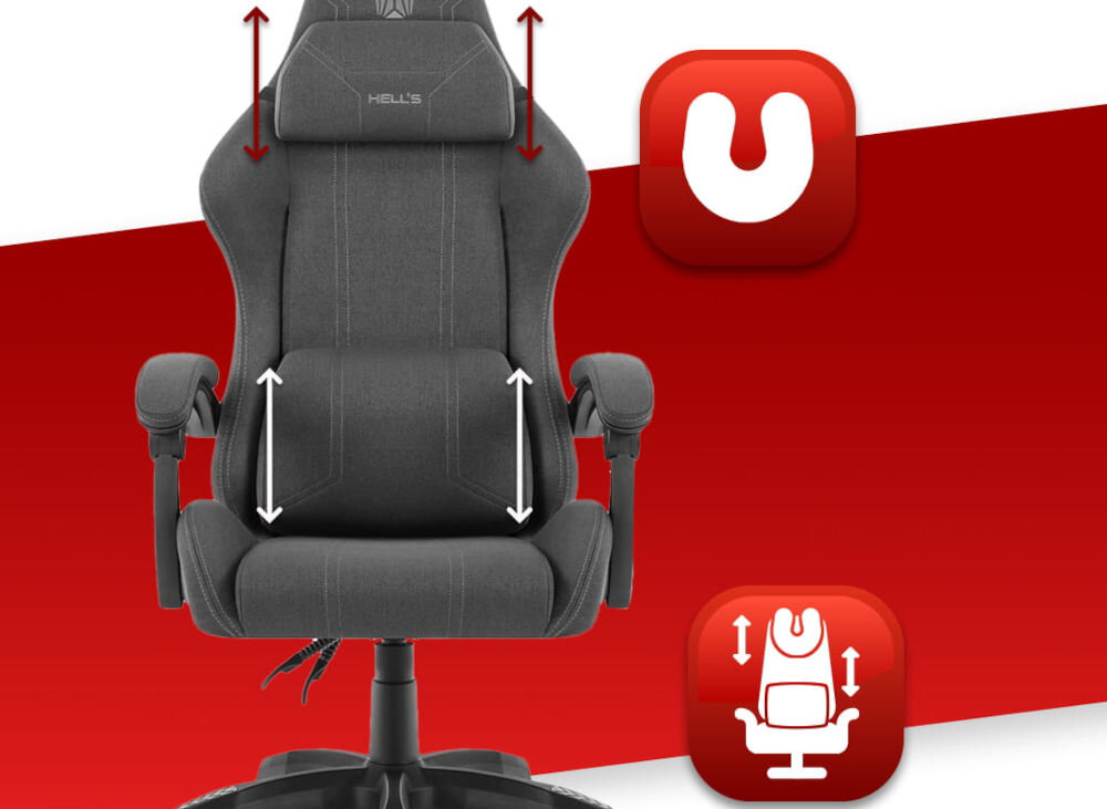 Fotel HELL'S CHAIR HC-1014 Szaro-Czarny prezentacja fotela na czerwono-białym tle strzałkami zaznaczona możliwość regulacji poduszek ikony poduszka lędźwiowa poduszka wspierająca mięśnie karku odpowiednie podparcie dla ciała komfort suwak wymiana wypełnienia indywidualne potrzeby