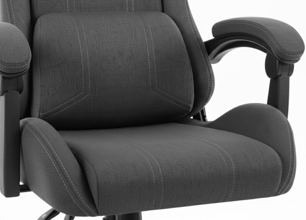 Fotel HELL'S CHAIR HC-1014 Szaro-Czarny zbliżenie na siedzisko i poduszkę fotela jasne tło dbałość o elementy trwała i praktyczna tkanina poduszka pod lędźwie tapicerowane podłokietniki