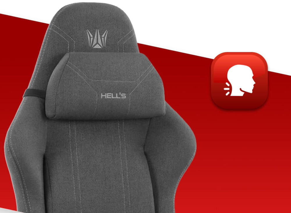 Fotel HELL'S CHAIR HC-1014 Szaro-Czarny zbliżenie na oparcie i poduszkę na czerwono-białym tle ikona wyprofilowana poduszka wsparcie głowy i mięśni karku komfort suwak indywidualny poziom miękkości