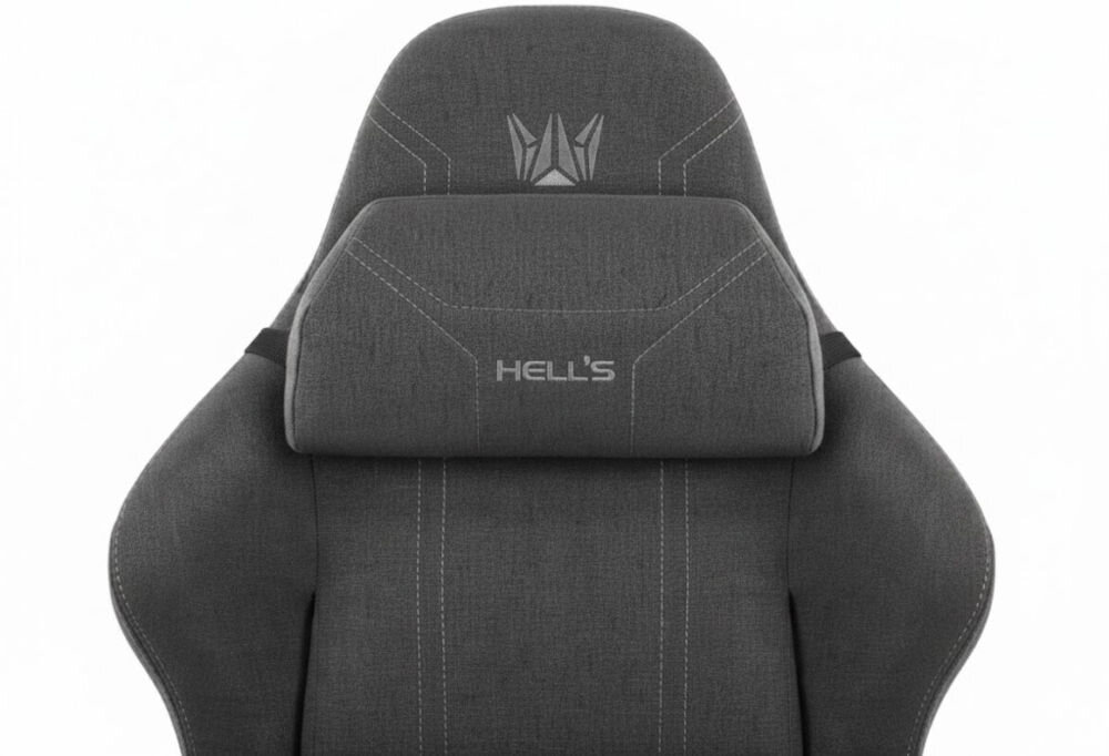 Fotel HELL'S CHAIR HC-1014 Szaro-Czarny zbliżenie na oparcie i napis z marką jasne tło szerokie zastosowanie rozrywka nauka praca ergonomia partner do zadań specjalnych