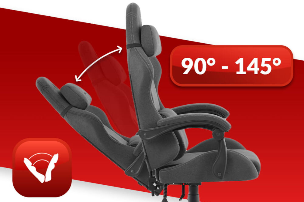Fotel HELL'S CHAIR HC-1014 Szaro-Czarny prezentacja fotela od boku i jego możliwej regulacji na czerwono-białym tle płynna regulacja kąta pochylenia oparcia zakres wygodna dźwignia optymalna pozycja dla komfortu