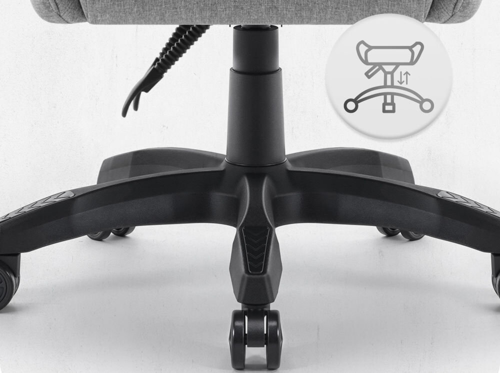 Fotel CABRO C500 Ciemnoszary Widok na podstawę fotela z ikoną ilustrującą funkcję regulacji wysokości siedziska fotel gamingowy z pięcioramienną nylonową podstawą