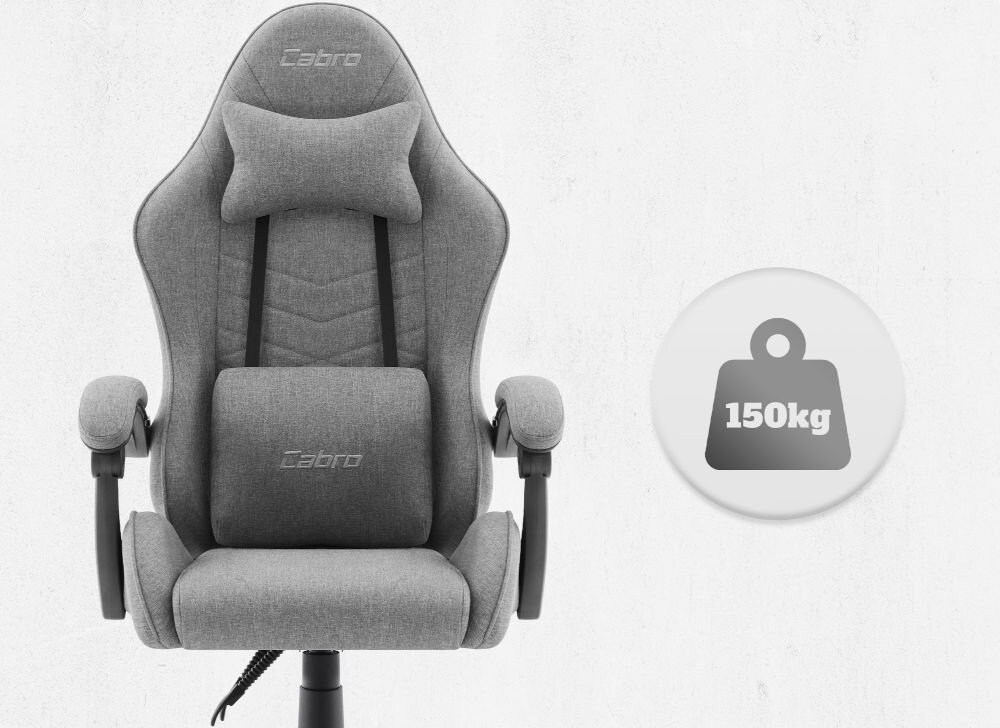 Fotel CABRO C500 Ciemnoszary Widok od przodu na fotel gamingowy z ikoną informującą o maksymalnym obciążeniu wynoszącym 150 kg wytrzymały fotel gamingowy o nośności 150 kg