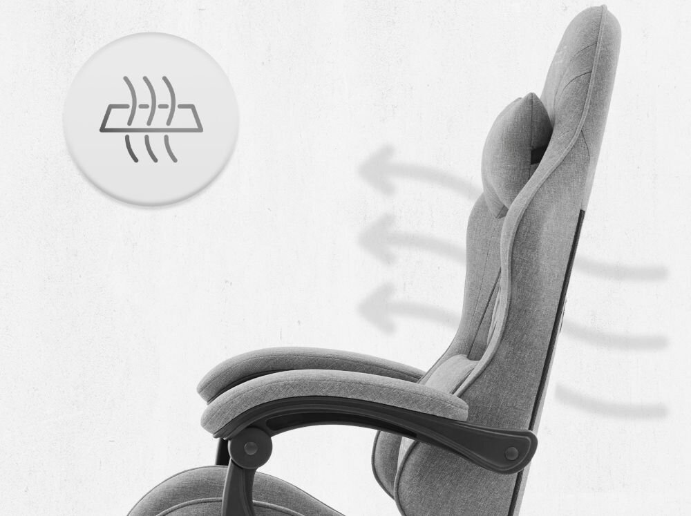 Fotel CABRO C500 Ciemnoszary Profil fotela gamingowego z naniesionymi strzałkami i ikoną symbolizującą wentylację oraz przepływ powietrza przez oparcie ergonomiczny fotel gamingowy do długiej pracy i grania