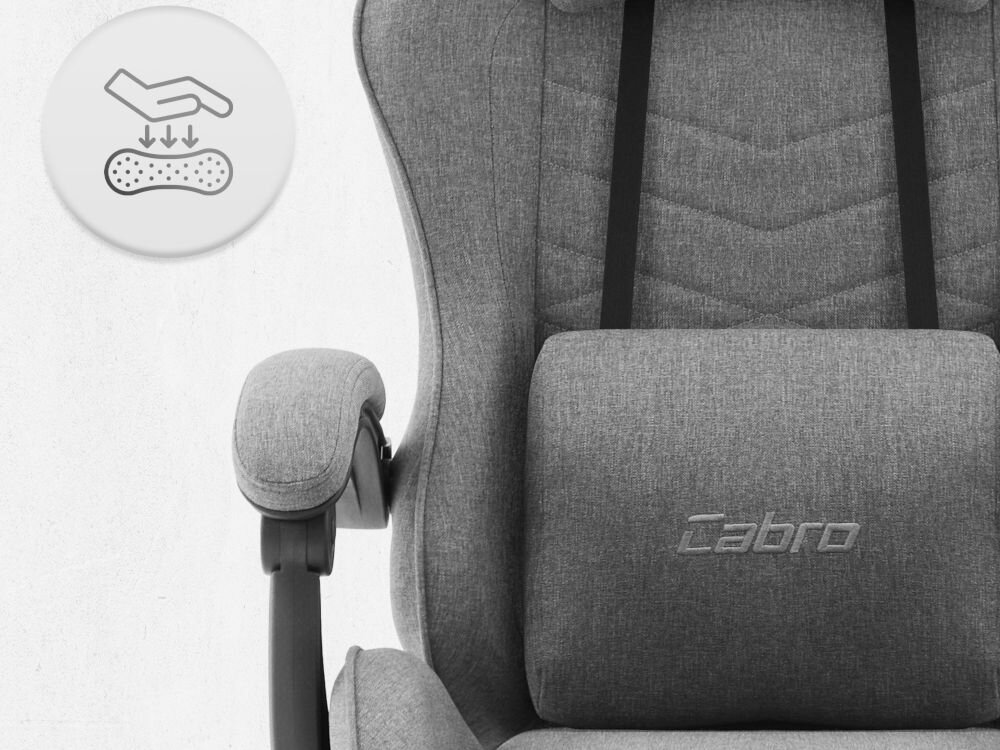 Fotel CABRO C500 Ciemnoszary Zbliżenie na oparcie i podłokietnik fotela z ikoną dłoni naciskającej miękką piankę wypełniającą fotel gamingowy z oddychającą tapicerką z tkaniny