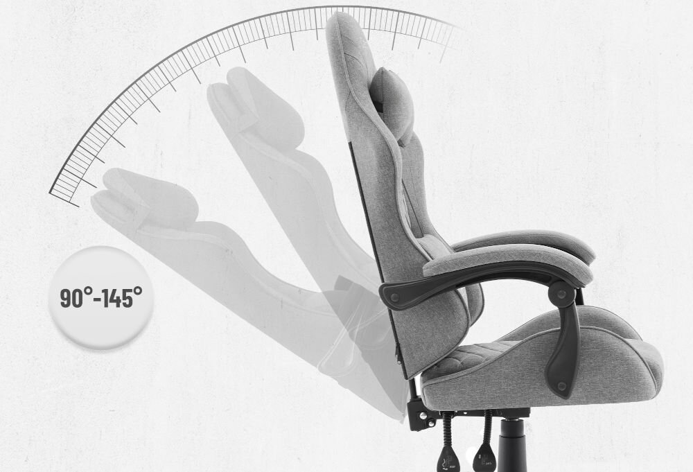 Fotel CABRO C500 Ciemnoszary Grafika prezentująca mechanizm regulacji kąta nachylenia oparcia fotela w zakresie od 90 do 145 stopni fotel gamingowy z regulacją oparcia do 145 stopni