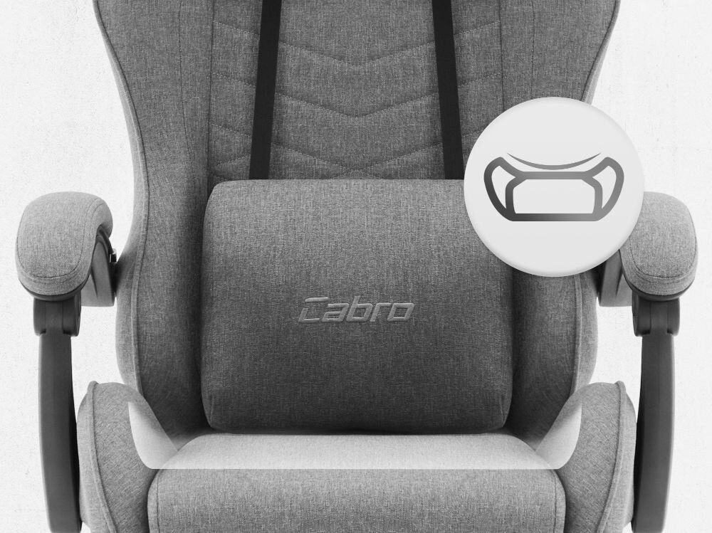 Fotel CABRO C500 Ciemnoszary Zbliżenie na siedzisko oraz poduszkę lędźwiową fotela gamingowego z logo marki i ikoną profilowanej poduszki fotel gamingowy z ergonomicznym siedziskiem z pianką