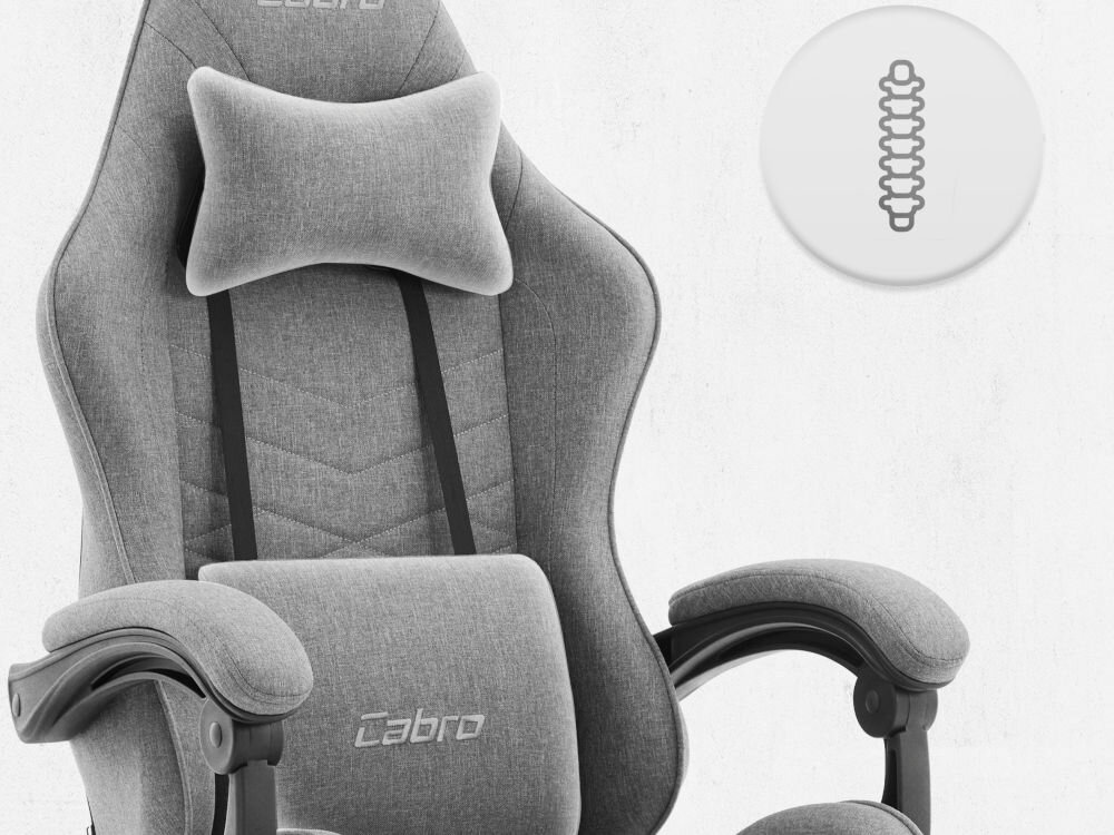 Fotel CABRO C500 Ciemnoszary Górna część fotela gamingowego z widocznym zagłówkiem i ikoną wsparcia kręgosłupa na całej długości pleców fotel gamingowy z poduszką lędźwiową i poduszką pod kark